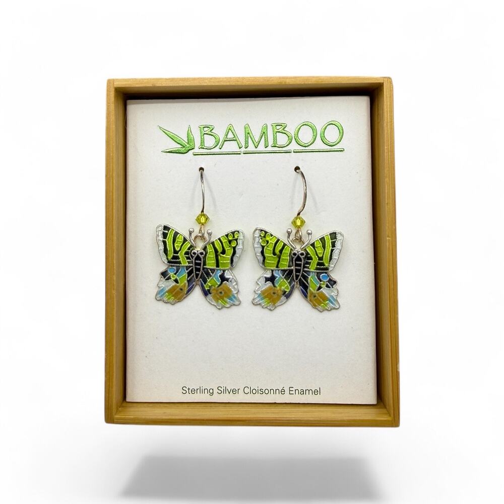 Sunset Moth Dangle Earrings 925 Sterling Silver Cloisonne Enamel